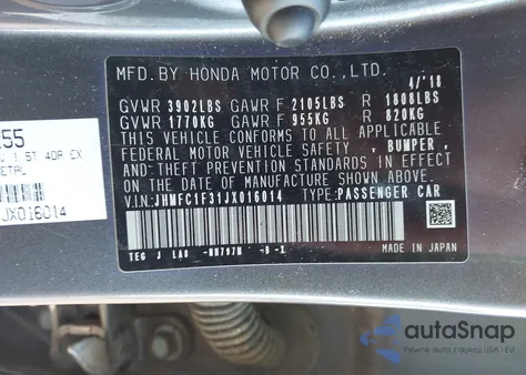 2018 Honda Civic Ex-T from USA, damaged, VIN JHMFC1F31JX016014